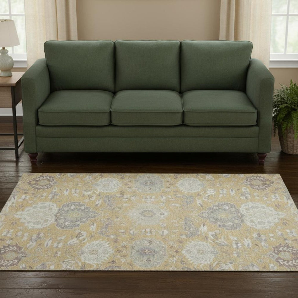 HomeRoots 8' Gold Gray and Ivory Damask Round Rug - Washable, UV-Protected, Durable for High-Traffic Areas 680538