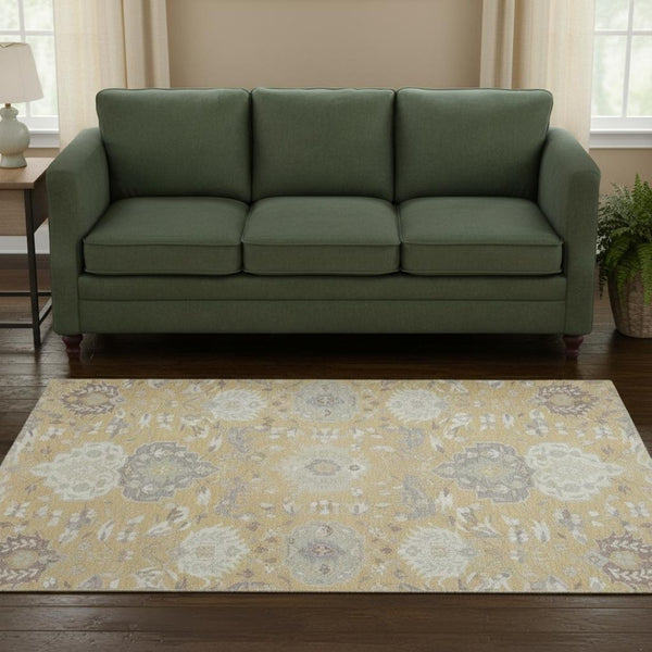 HomeRoots 8' Gold Gray and Ivory Damask Round Rug - Washable, UV-Protected, Durable for High-Traffic Areas 680538