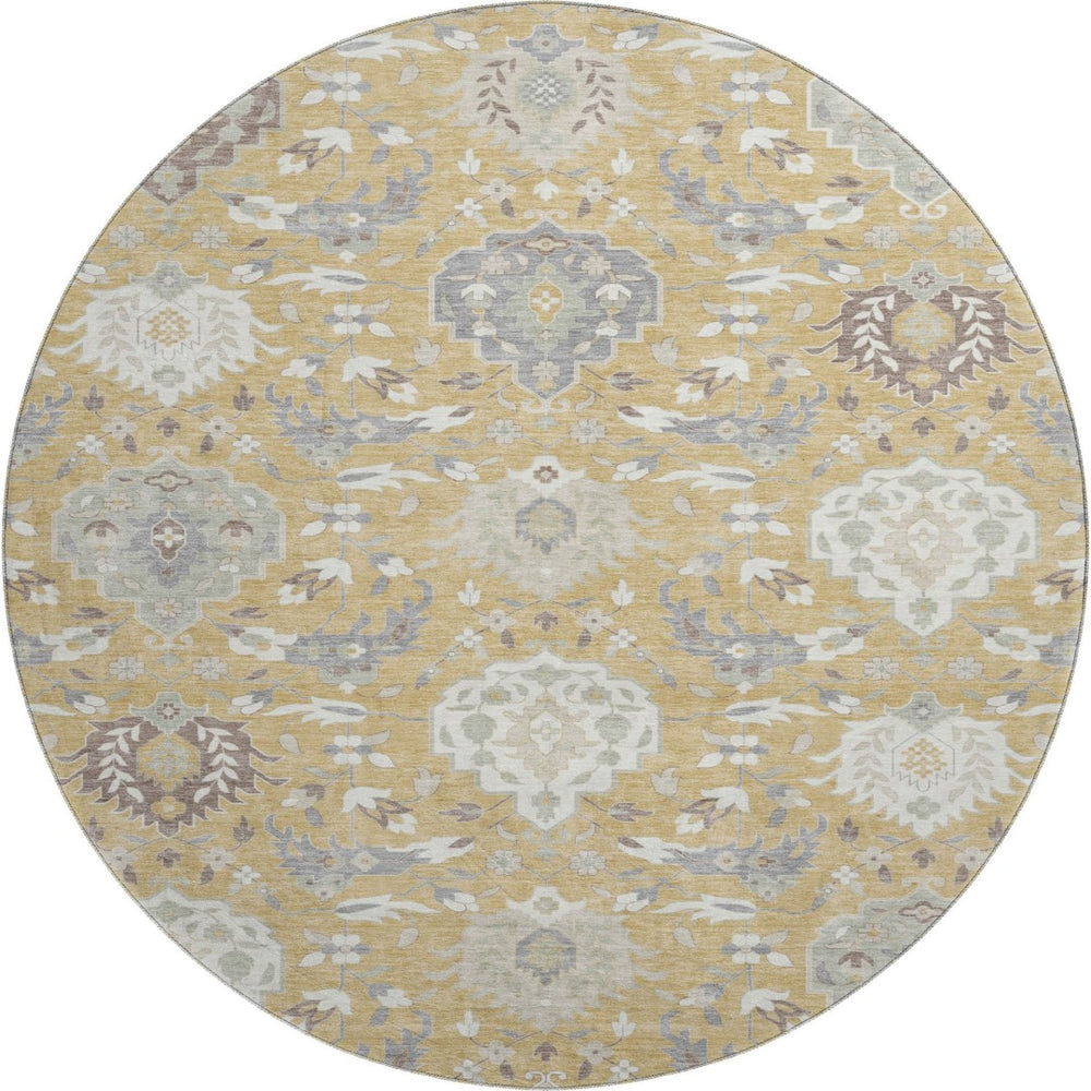 HomeRoots 8' Gold Gray and Ivory Damask Round Rug - Washable, UV-Protected, Durable for High-Traffic Areas 680538