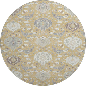 HomeRoots 8' Gold Gray and Ivory Damask Round Rug - Washable, UV-Protected, Durable for High-Traffic Areas 680538