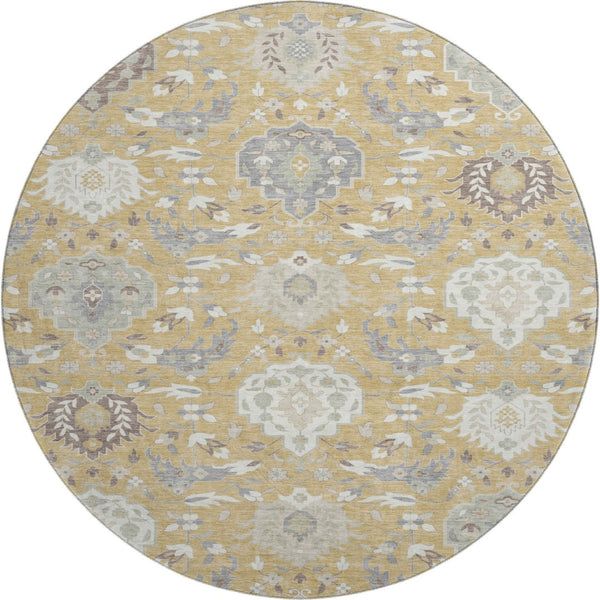 HomeRoots 8' Gold Gray and Ivory Damask Round Rug - Washable, UV-Protected, Durable for High-Traffic Areas 680538