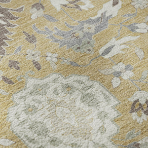 HomeRoots 8' Gold Gray and Ivory Damask Round Rug - Washable, UV-Protected, Durable for High-Traffic Areas 680538
