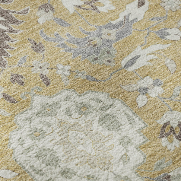 HomeRoots 8' Gold Gray and Ivory Damask Round Rug - Washable, UV-Protected, Durable for High-Traffic Areas 680538