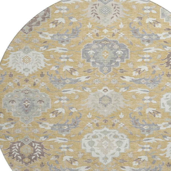 HomeRoots 8' Gold Gray and Ivory Damask Round Rug - Washable, UV-Protected, Durable for High-Traffic Areas 680538