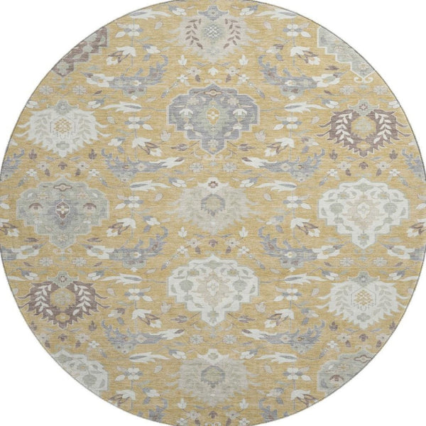 HomeRoots 8' Gold Gray and Ivory Damask Round Rug - Washable, UV-Protected, Durable for High-Traffic Areas 680538