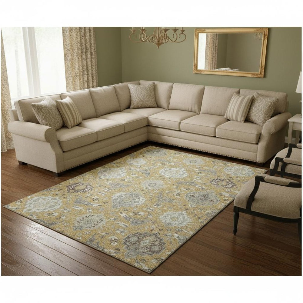 HomeRoots 8' X 10' Gold Gray Ivory Damask Area Rug - Washable, UV Protected & Stain Resistant for Any Space 680539