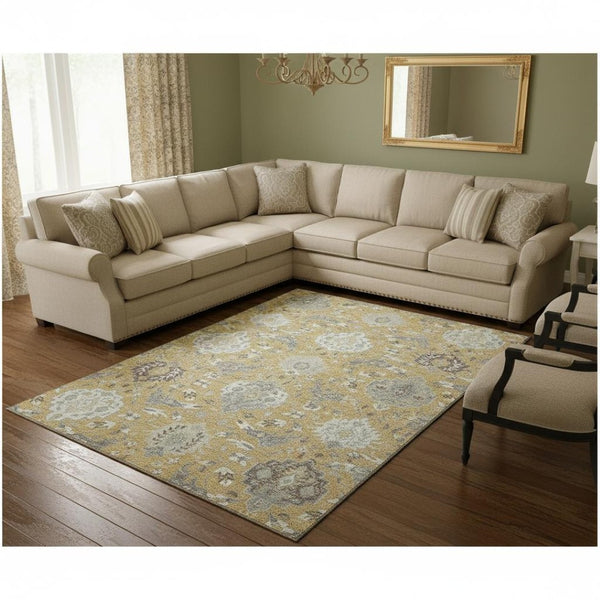 HomeRoots 8' X 10' Gold Gray Ivory Damask Area Rug - Washable, UV Protected & Stain Resistant for Any Space 680539