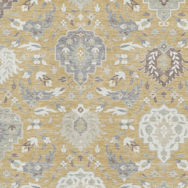 HomeRoots 8' X 10' Gold Gray Ivory Damask Area Rug - Washable, UV Protected & Stain Resistant for Any Space 680539