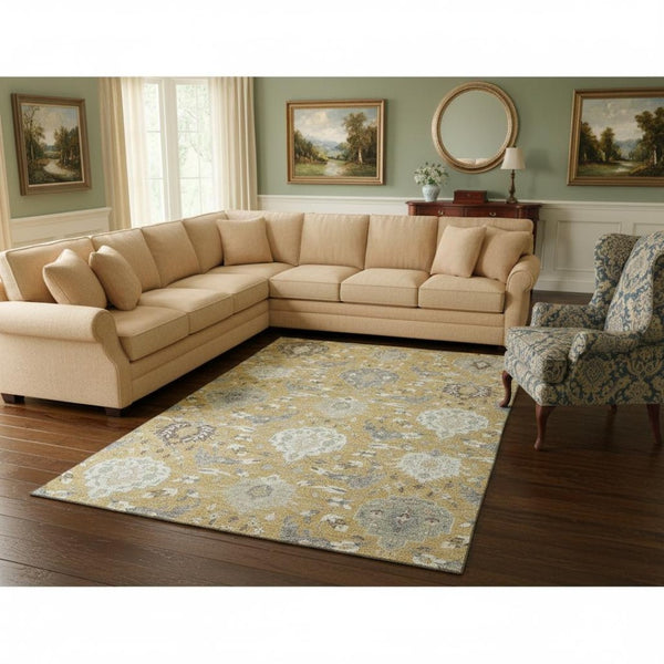 HomeRoots 9' X 12' Elegant Gold Gray Ivory Damask Area Rug - Washable, UV-Protected & Stain-Resistant! 680540