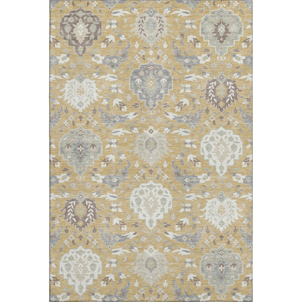 HomeRoots 9' X 12' Elegant Gold Gray Ivory Damask Area Rug - Washable, UV-Protected & Stain-Resistant! 680540