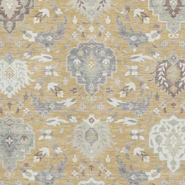 HomeRoots 9' X 12' Elegant Gold Gray Ivory Damask Area Rug - Washable, UV-Protected & Stain-Resistant! 680540