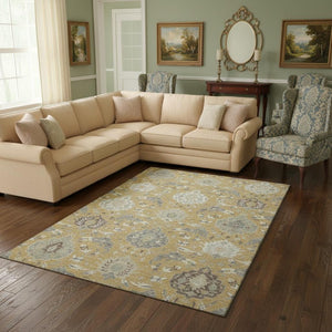 HomeRoots 10' Gold, Gray & Ivory Damask Washable Area Rug - UV Protected, Stain-Resistant for Family Homes 680541