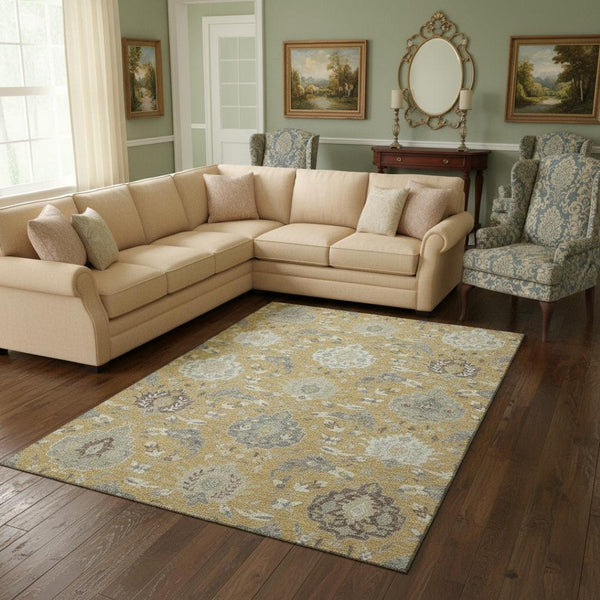 HomeRoots 10' Gold, Gray & Ivory Damask Washable Area Rug - UV Protected, Stain-Resistant for Family Homes 680541