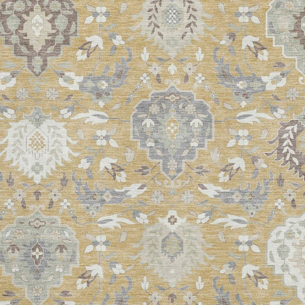 HomeRoots 10' Gold, Gray & Ivory Damask Washable Area Rug - UV Protected, Stain-Resistant for Family Homes 680541