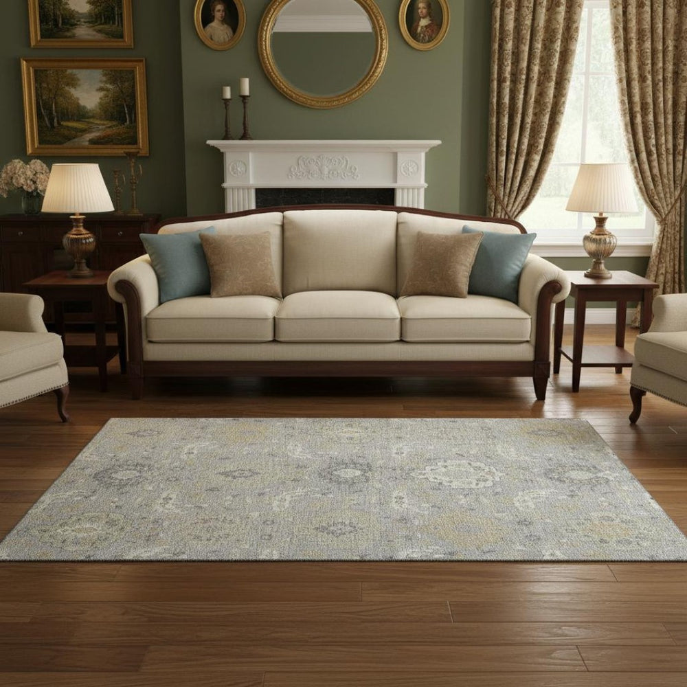 HomeRoots 5' X 8' Elegant Gray Beige Ivory Damask Washable Area Rug with UV Protection for Busy Homes 680543