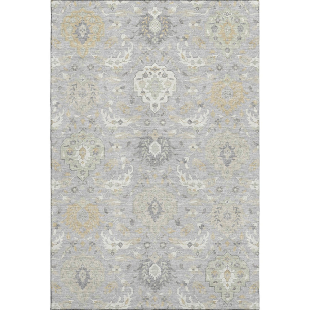 HomeRoots 5' X 8' Elegant Gray Beige Ivory Damask Washable Area Rug with UV Protection for Busy Homes 680543