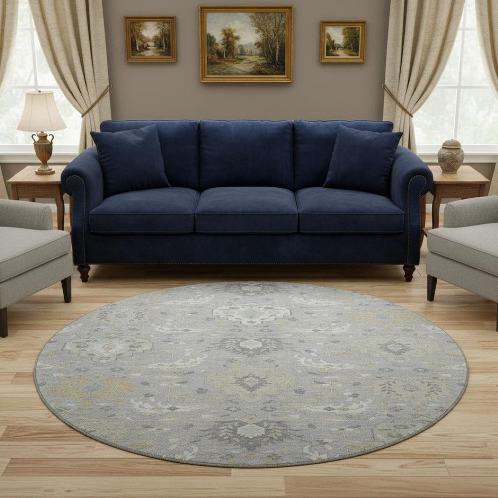 HomeRoots 8' Gray Beige Ivory Damask Washable Round Rug - Durable, UV-Protected Elegance for Any Space 680544