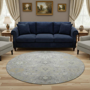 HomeRoots 8' Gray Beige Ivory Damask Washable Round Rug - Durable, UV-Protected Elegance for Any Space 680544