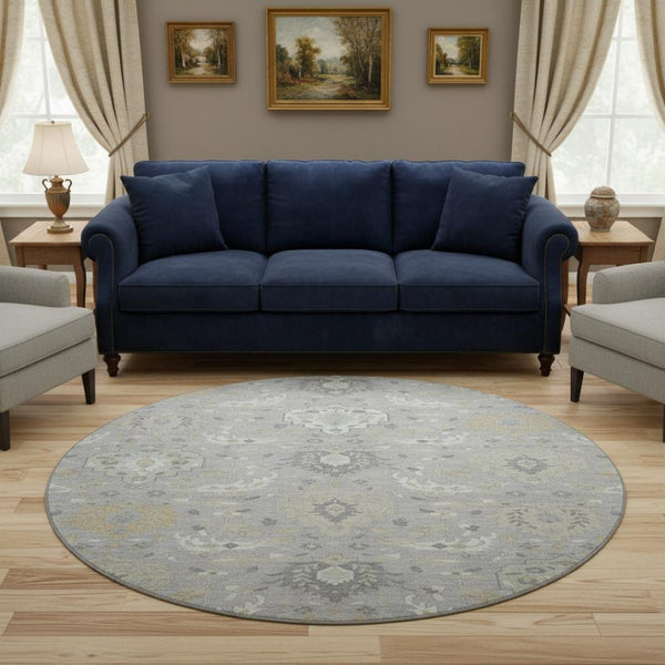 HomeRoots 8' Gray Beige Ivory Damask Washable Round Rug - Durable, UV-Protected Elegance for Any Space 680544