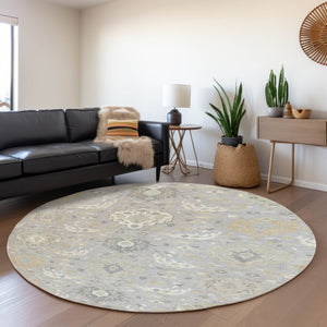 HomeRoots 8' Gray Beige Ivory Damask Washable Round Rug - Durable, UV-Protected Elegance for Any Space 680544