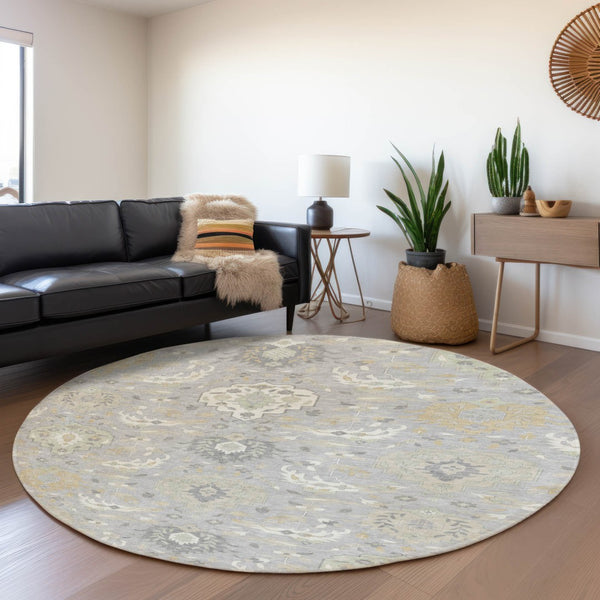 HomeRoots 8' Gray Beige Ivory Damask Washable Round Rug - Durable, UV-Protected Elegance for Any Space 680544
