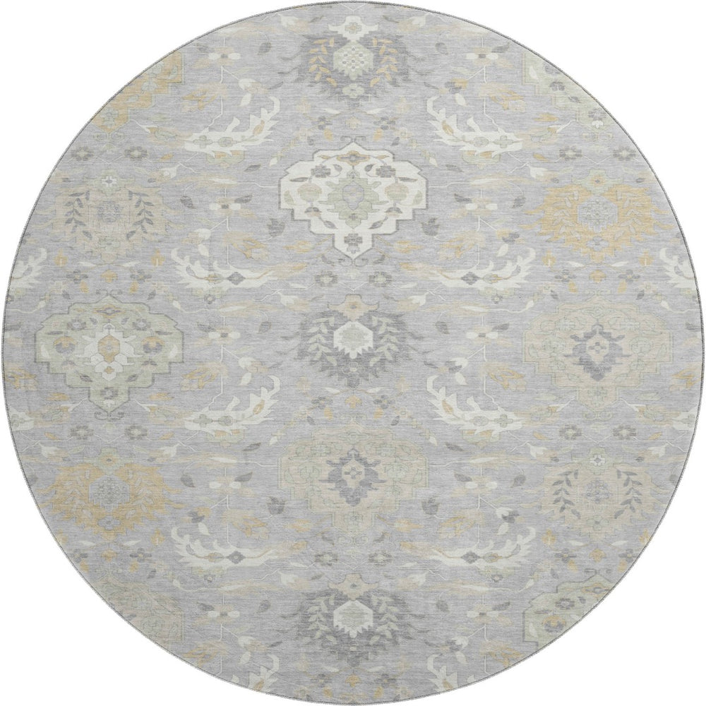 HomeRoots 8' Gray Beige Ivory Damask Washable Round Rug - Durable, UV-Protected Elegance for Any Space 680544