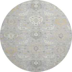 HomeRoots 8' Gray Beige Ivory Damask Washable Round Rug - Durable, UV-Protected Elegance for Any Space 680544