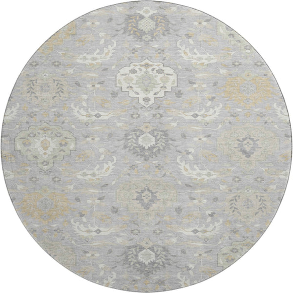 HomeRoots 8' Gray Beige Ivory Damask Washable Round Rug - Durable, UV-Protected Elegance for Any Space 680544