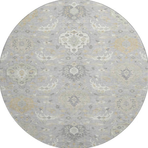 HomeRoots 8' Gray Beige Ivory Damask Washable Round Rug - Durable, UV-Protected Elegance for Any Space 680544
