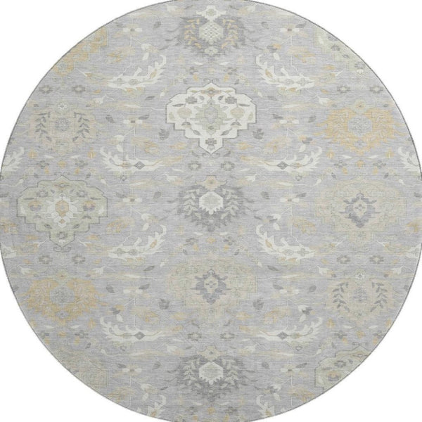 HomeRoots 8' Gray Beige Ivory Damask Washable Round Rug - Durable, UV-Protected Elegance for Any Space 680544