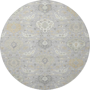 HomeRoots 8' Gray Beige Ivory Damask Washable Round Rug - Durable, UV-Protected Elegance for Any Space 680544