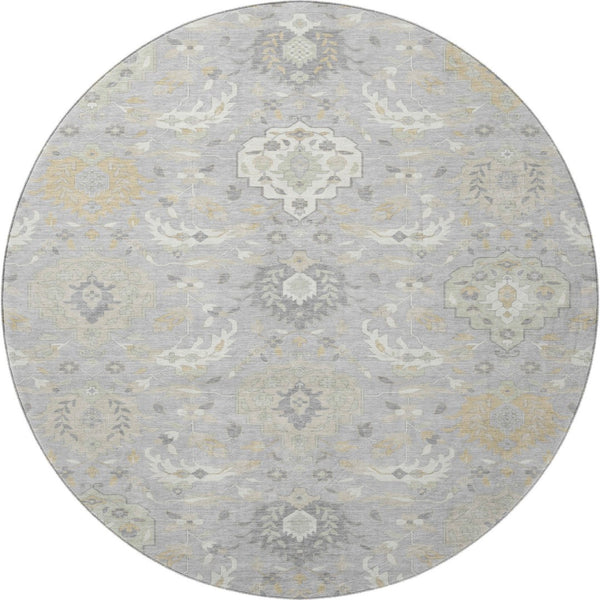 HomeRoots 8' Gray Beige Ivory Damask Washable Round Rug - Durable, UV-Protected Elegance for Any Space 680544