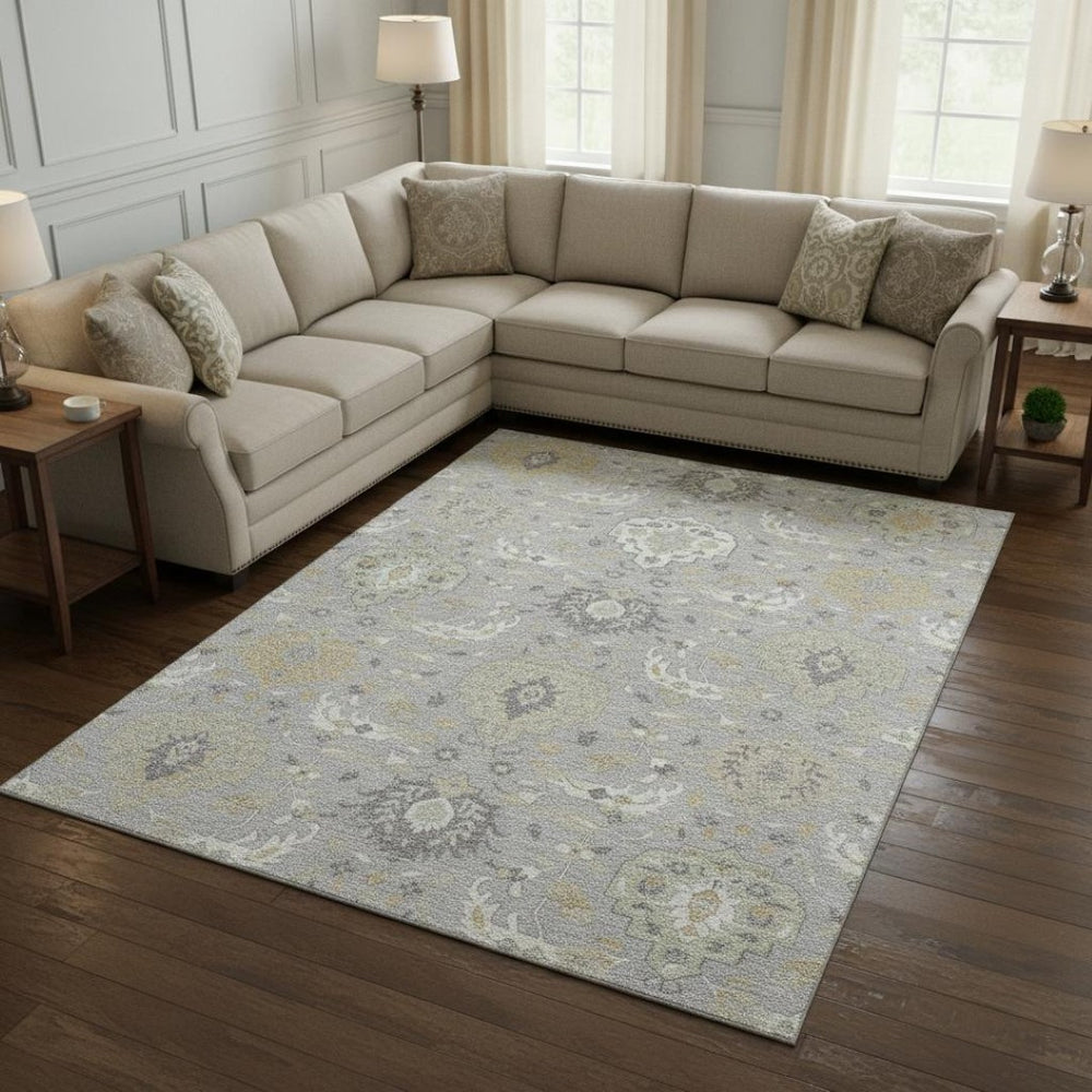 HomeRoots 8' X 10' Washable Gray Beige Ivory Damask Area Rug - Stain Resistant, UV Protected, Family Friendly 680545