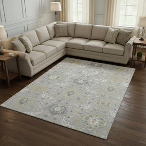 HomeRoots 8' X 10' Washable Gray Beige Ivory Damask Area Rug - Stain Resistant, UV Protected, Family Friendly 680545