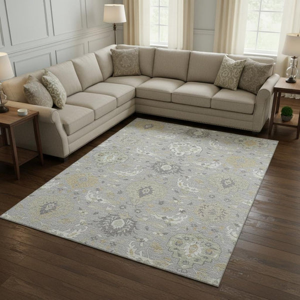 HomeRoots 8' X 10' Washable Gray Beige Ivory Damask Area Rug - Stain Resistant, UV Protected, Family Friendly 680545