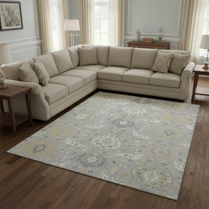 HomeRoots 9' X 12' Washable Gray Beige Ivory Damask Area Rug - Stain Resistant, UV Protected & Durable Home Decor 680546