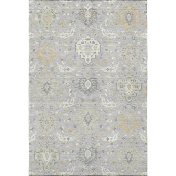 HomeRoots 9' X 12' Washable Gray Beige Ivory Damask Area Rug - Stain Resistant, UV Protected & Durable Home Decor 680546