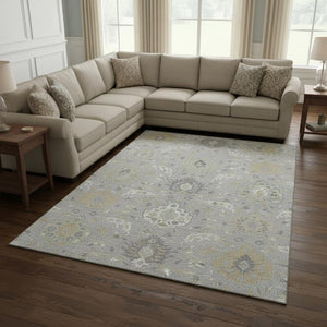 HomeRoots 10' X 14' Washable Gray Beige Ivory Damask Area Rug with UV Protection for High-Traffic Spaces 680547