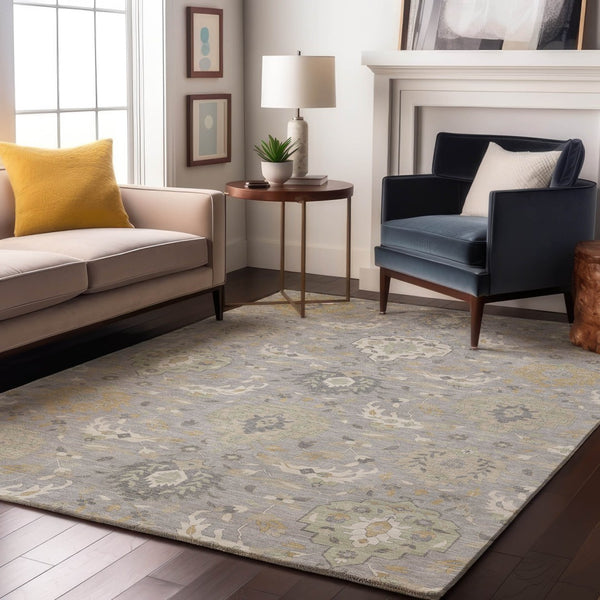 HomeRoots 10' X 14' Washable Gray Beige Ivory Damask Area Rug with UV Protection for High-Traffic Spaces 680547