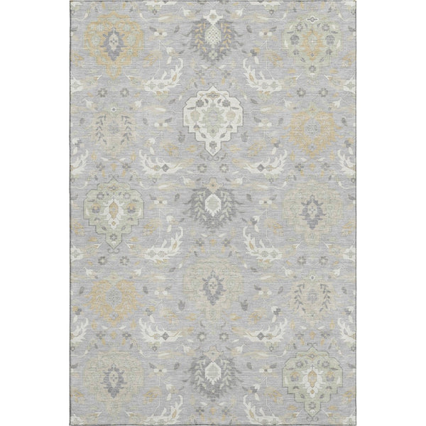 HomeRoots 10' X 14' Washable Gray Beige Ivory Damask Area Rug with UV Protection for High-Traffic Spaces 680547