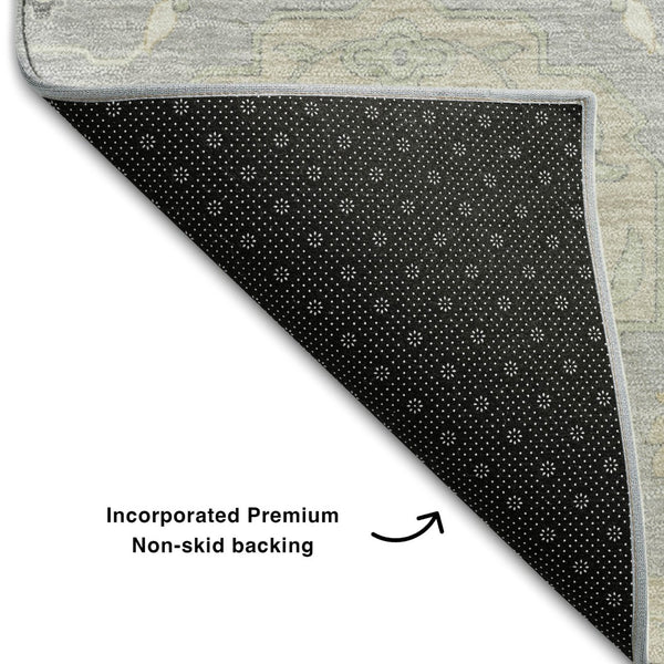 HomeRoots 10' X 14' Washable Gray Beige Ivory Damask Area Rug with UV Protection for High-Traffic Spaces 680547