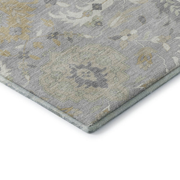HomeRoots 10' X 14' Washable Gray Beige Ivory Damask Area Rug with UV Protection for High-Traffic Spaces 680547