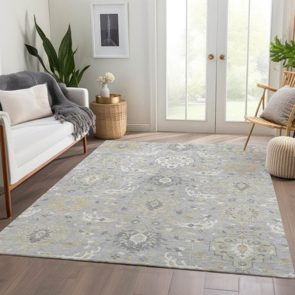 HomeRoots 10' X 14' Washable Gray Beige Ivory Damask Area Rug with UV Protection for High-Traffic Spaces 680547