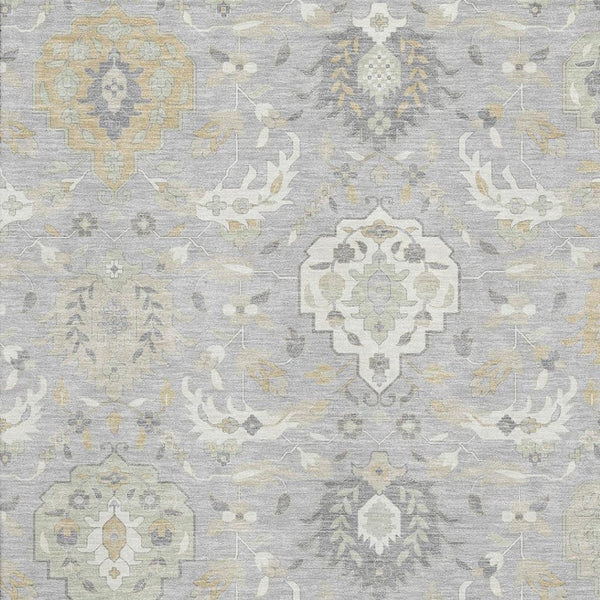HomeRoots 10' X 14' Washable Gray Beige Ivory Damask Area Rug with UV Protection for High-Traffic Spaces 680547