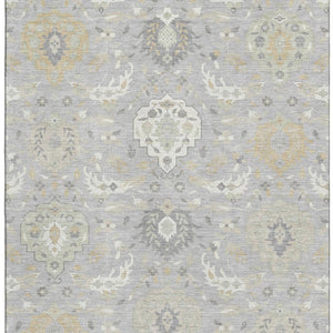 HomeRoots 10' X 14' Washable Gray Beige Ivory Damask Area Rug with UV Protection for High-Traffic Spaces 680547