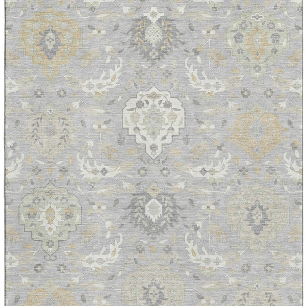 HomeRoots 10' X 14' Washable Gray Beige Ivory Damask Area Rug with UV Protection for High-Traffic Spaces 680547