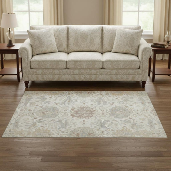 HomeRoots 8' Ivory Beige and Gray Damask Round Rug - Washable, UV Protected, Stain Resistant, Elegant Design 680550