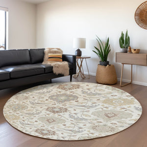 HomeRoots 8' Ivory Beige and Gray Damask Round Rug - Washable, UV Protected, Stain Resistant, Elegant Design 680550