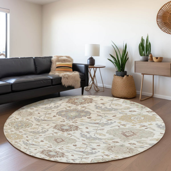 HomeRoots 8' Ivory Beige and Gray Damask Round Rug - Washable, UV Protected, Stain Resistant, Elegant Design 680550