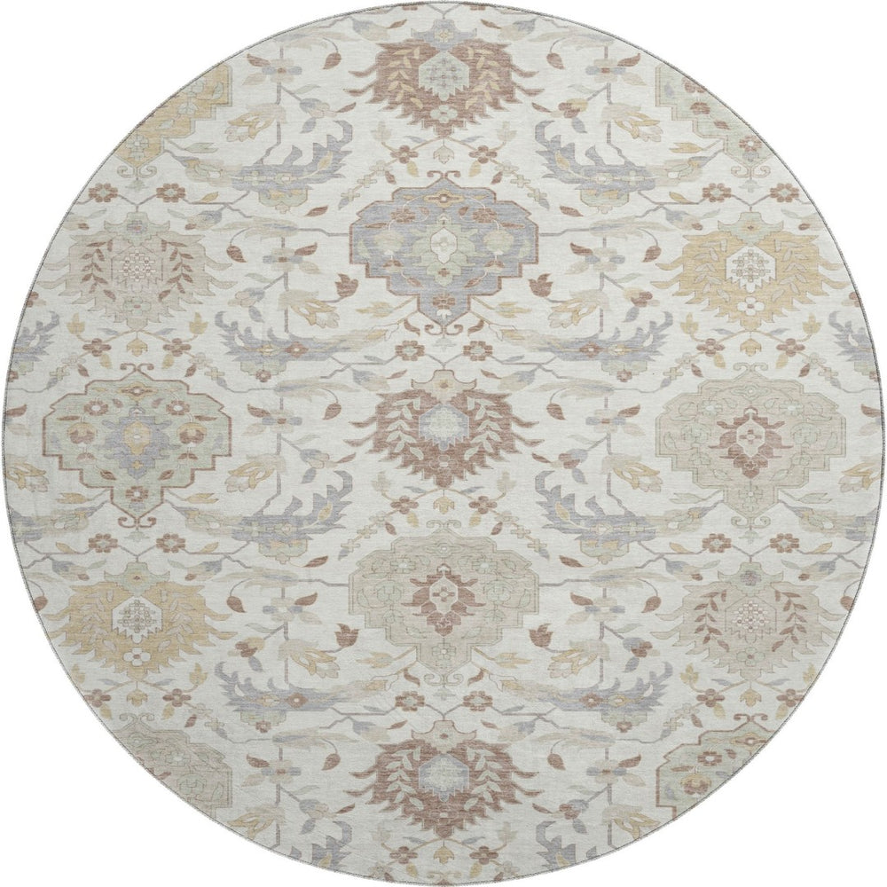 HomeRoots 8' Ivory Beige and Gray Damask Round Rug - Washable, UV Protected, Stain Resistant, Elegant Design 680550